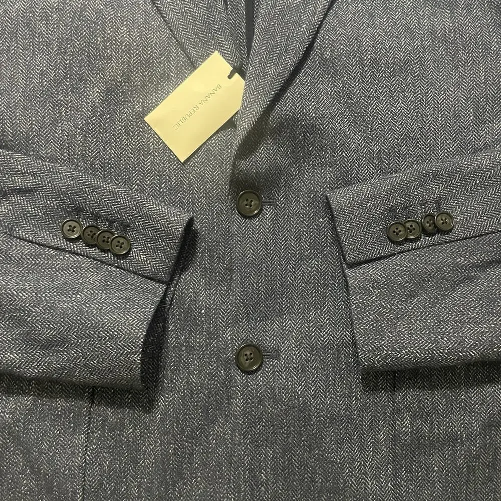 NWT Banana Republic Sport Coat Men 42 L Cross Blue Herringbone Linen Cotton $350